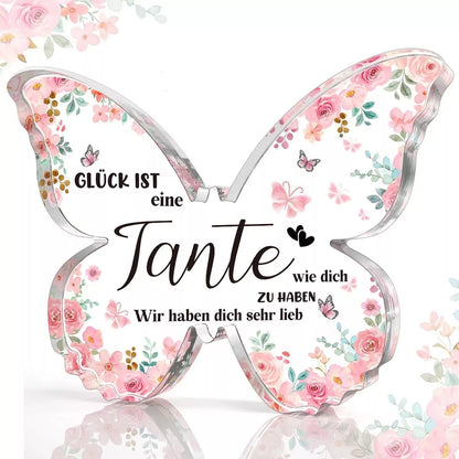 Butterfly-shaped acrylic keepsake with purple wing patterns and personalized message