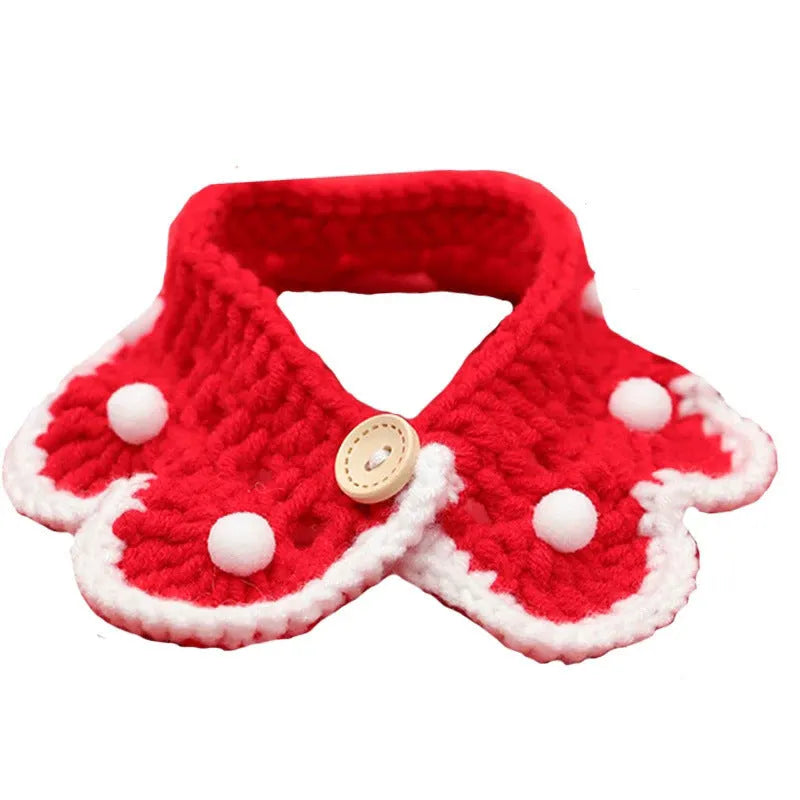 Cartoon-patterned knitted wool collar for small pets with size chart showing XS, S, M, L measurements
