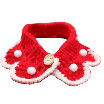 Cartoon-patterned knitted wool collar for small pets with size chart showing XS, S, M, L measurements
