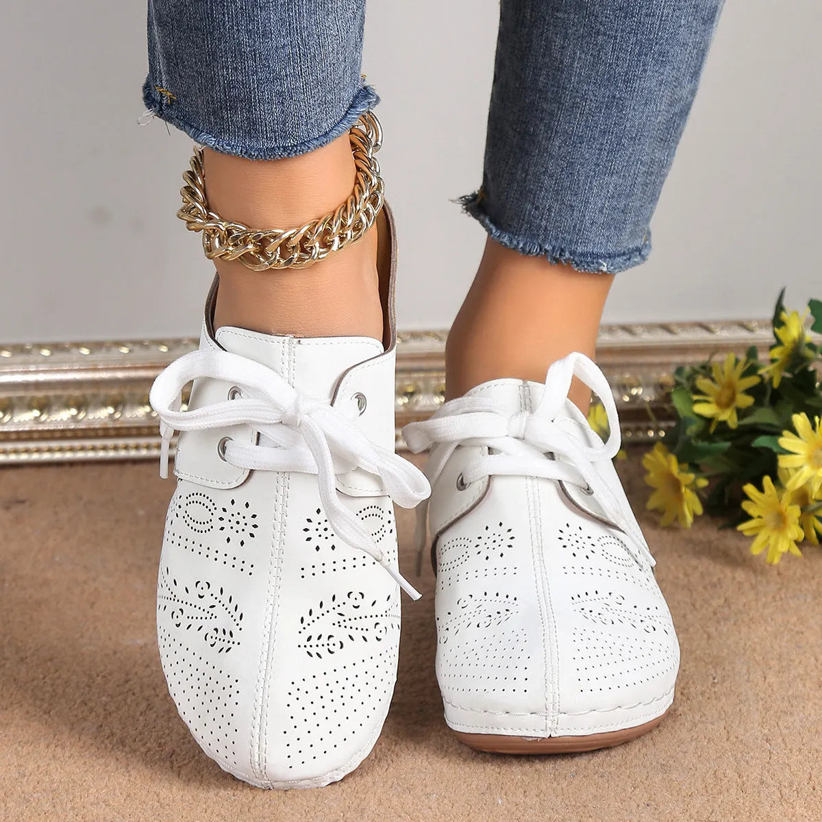 Women's baotou lace-up slippers with hollow out wedges in suede upper and rubber sole, available in multiple colours