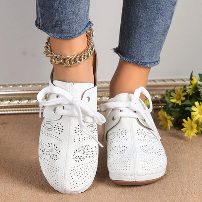 Women's baotou lace-up slippers with hollow out wedges in suede upper and rubber sole, available in multiple colours