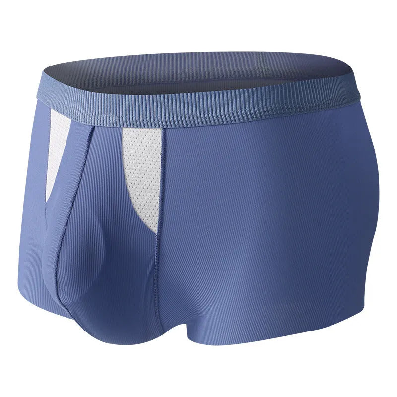 Man wearing black ice silk double-layer underwear shorts with a hole bag design for dry wet separation.