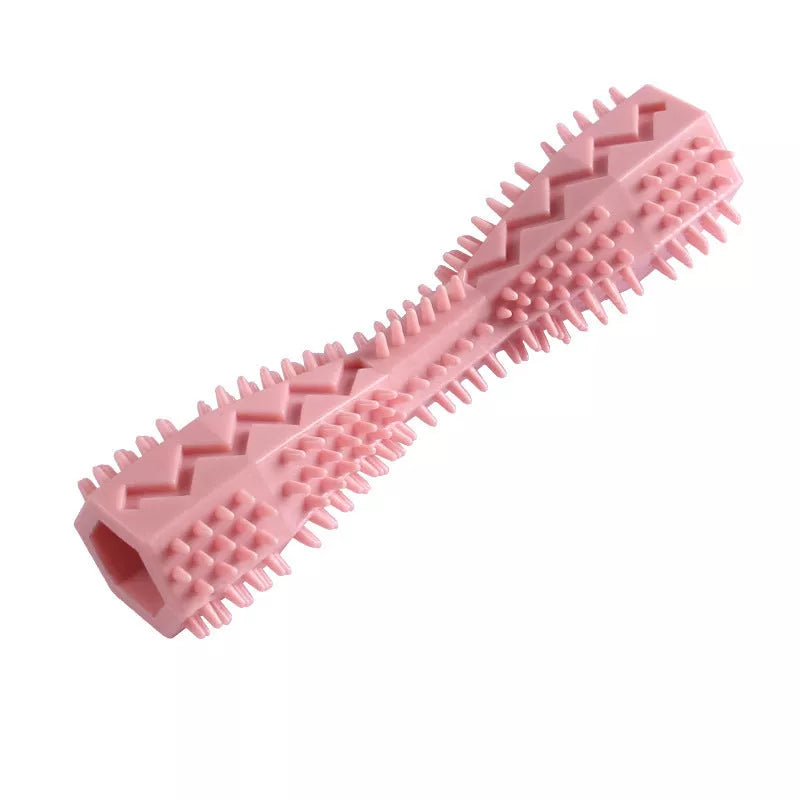 Hexagonal TPR chew toy for dogs in green, blue, or pink for teeth cleaning and anxiety relief
