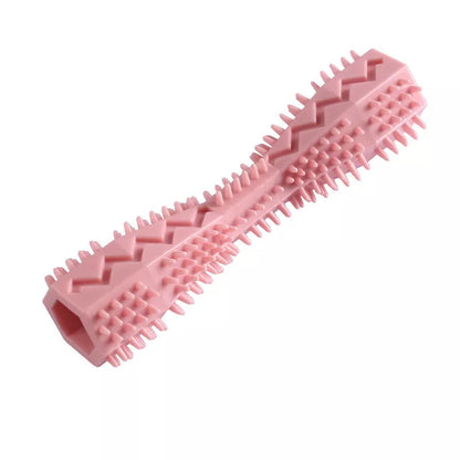 Hexagonal TPR chew toy for dogs in green, blue, or pink for teeth cleaning and anxiety relief
