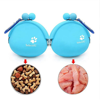 Yellow silicone dog training treat pouch with a black hook and loop waist strap, shown with dog biscuits.