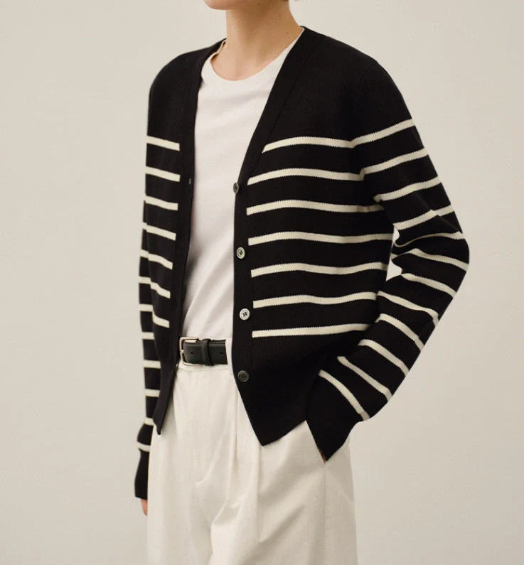 Women's striped knitted sweater jacket with button front in grey, showing regular sleeves and 40cm length