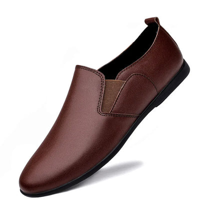 Men's black and brown leather business casual shoes with round toe on a white background.