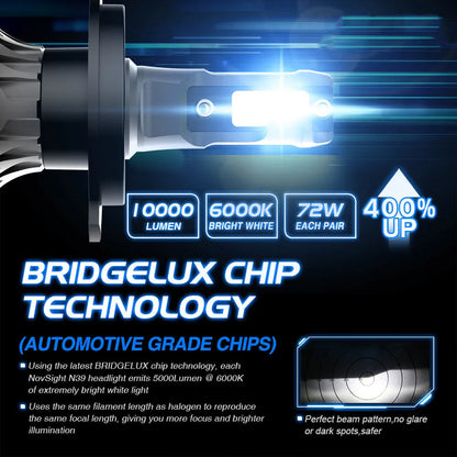 Pair of 6000K white LED car headlight bulbs with adjustable chuck and connector on a dark background.