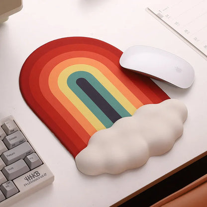 Silicone cloud pattern wrister mouse pad and matching keyboard support on a desk