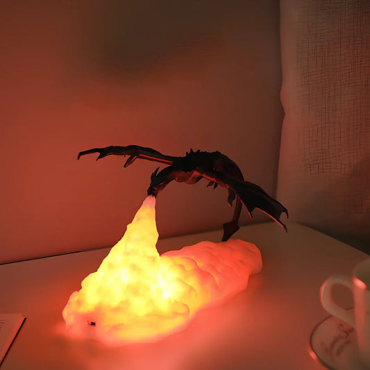 Breathing lamp with 200mm PVC shade in dragon design colours on wooden surface