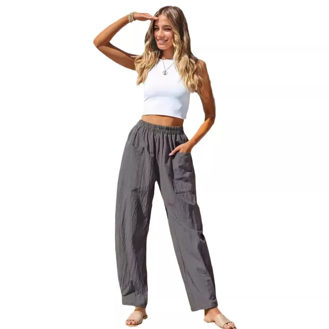 Women's cotton casual pants in straight-leg design, available in multiple colors