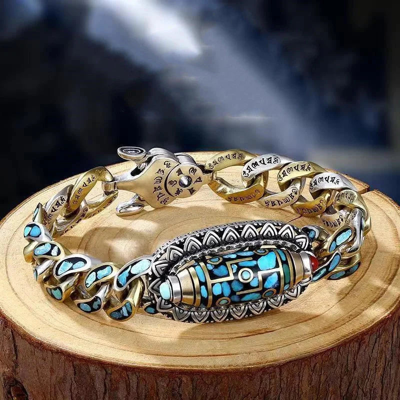 Men's Feng Shui Copper Bracelet with rotating nine eye pearl and turquoise inlay