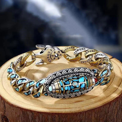 Men's Feng Shui Copper Bracelet with rotating nine eye pearl and turquoise inlay