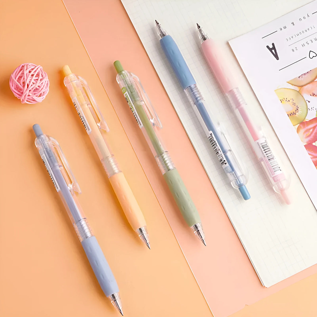 Bullet gel pen with 0.5mm tip, black ink and plastic barrel, shown in blue, green, grey, pink and yellow pen colours