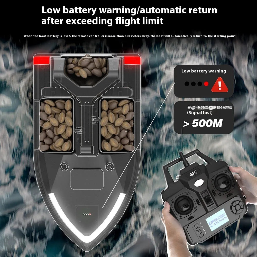 GPS remote control fishing boat with LED lights, measuring 49cm long, for bait placement and night fishing