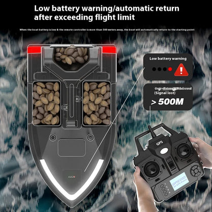 GPS remote control fishing boat with LED lights, measuring 49cm long, for bait placement and night fishing