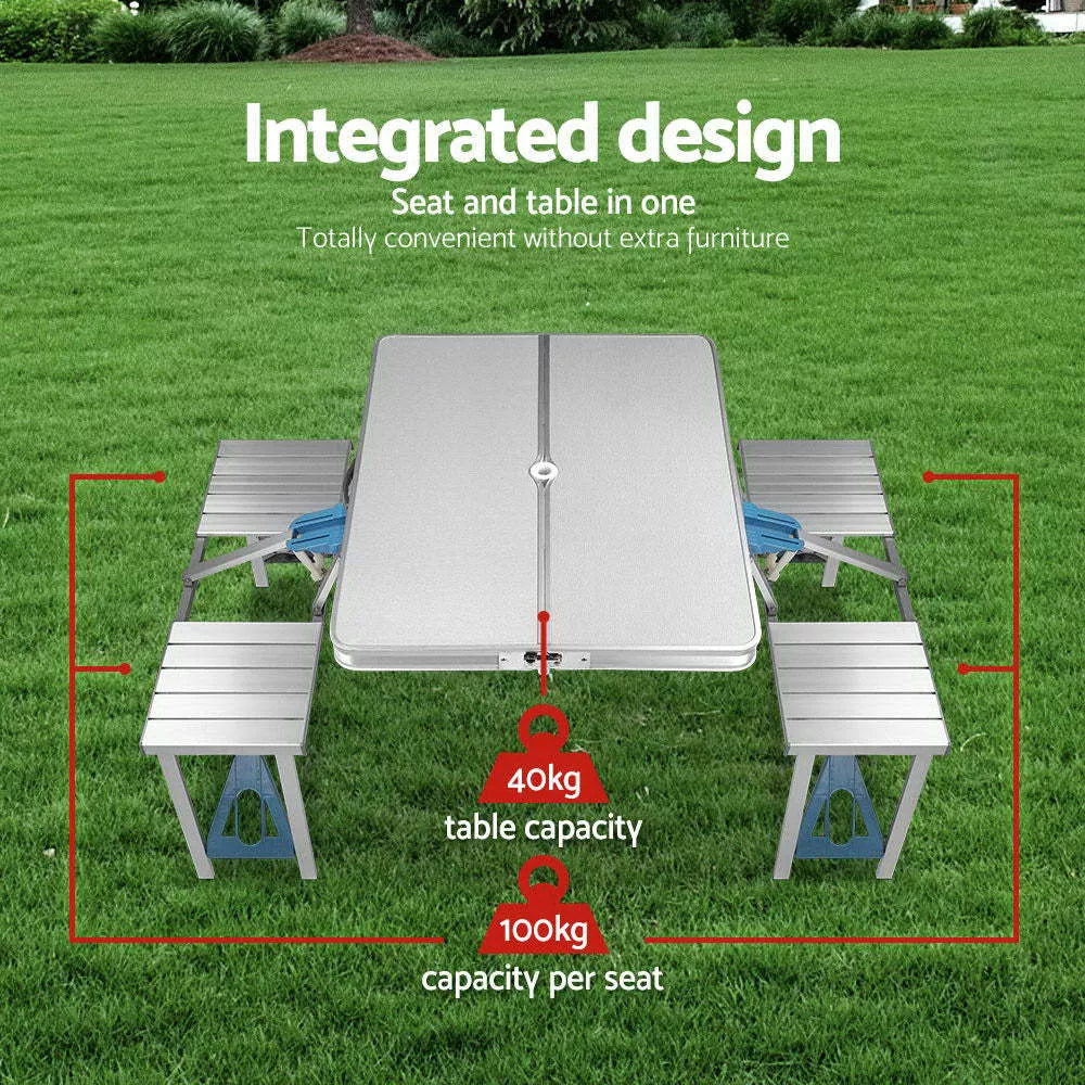 Aluminum alloy folding table and chair set in silver gray and blue, perfect for outdoor use