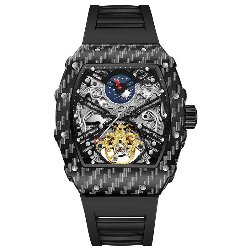 Mechanical waterproof luminous men's watch with black dial and see-through caseback on rubber strap