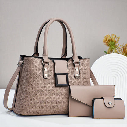 Textured PU leather three-piece women's crossbody bag in a square vertical shape, shown in apricot colour.
