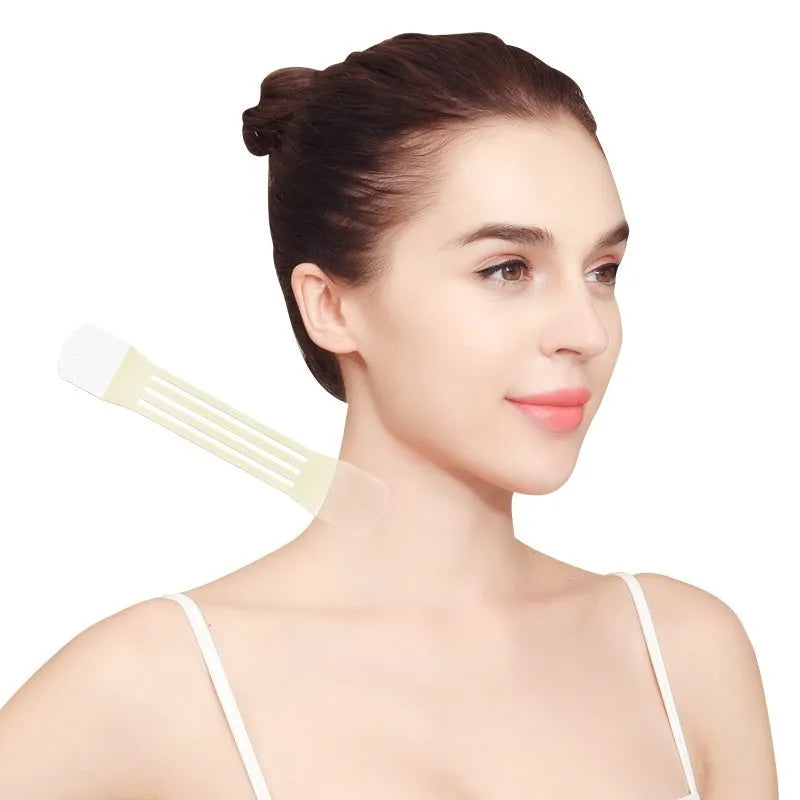 Skin tone neck firming adhesive tape with four straps and twenty patches in packaging