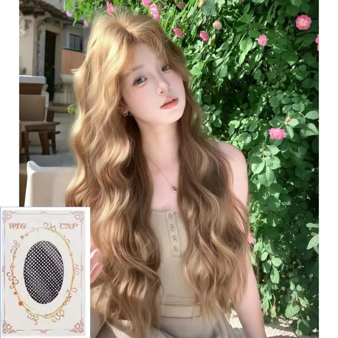 Medium length synthetic wig with linen coloured long curly hair style and hair net