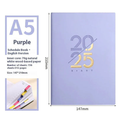 A5 daily planner with faux leather cover in blue, showing open pages and bound spine.