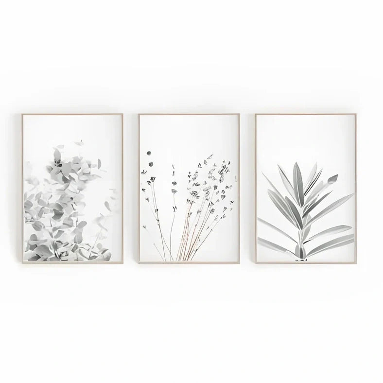 Frameless canvas painting with detailed flower, grass and leaf botanical patterns in Nordic style