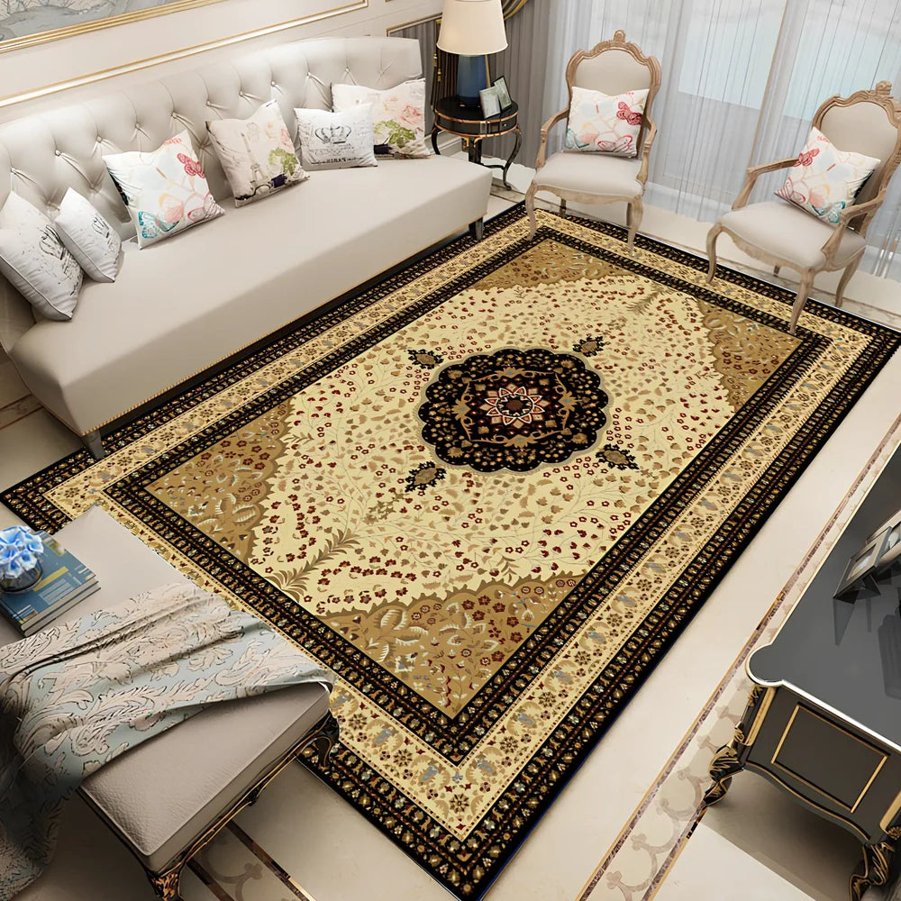 Rectangular Persian floral carpet with machine-woven polyester construction in modern design