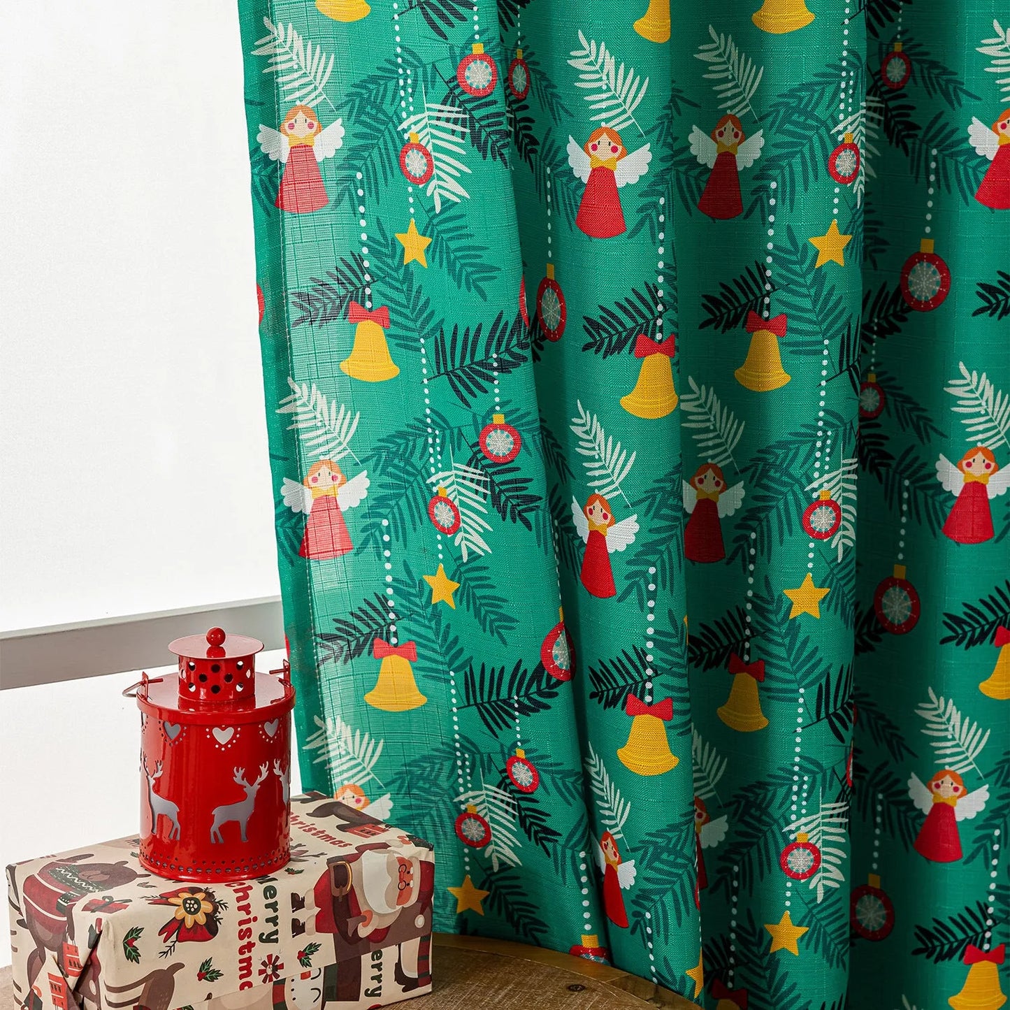 Christmas curtain with snowman and angel print in green or red, 1 metre length with semi-sun shade function