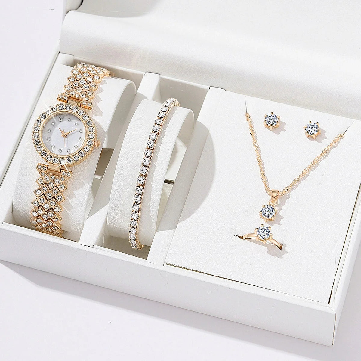 Luxury rhinestone quartz bracelet watch set for women in golden, silver, and rose gold options