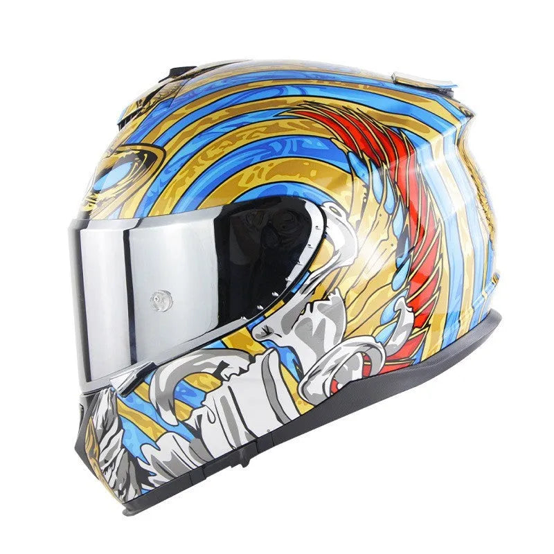 Motorcycle full face helmet with double lens in ABS construction showing colour variant options