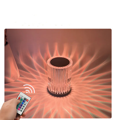 Crystal lamp with acrylic lines showing RGB lighting options on 9cm by 13cm base