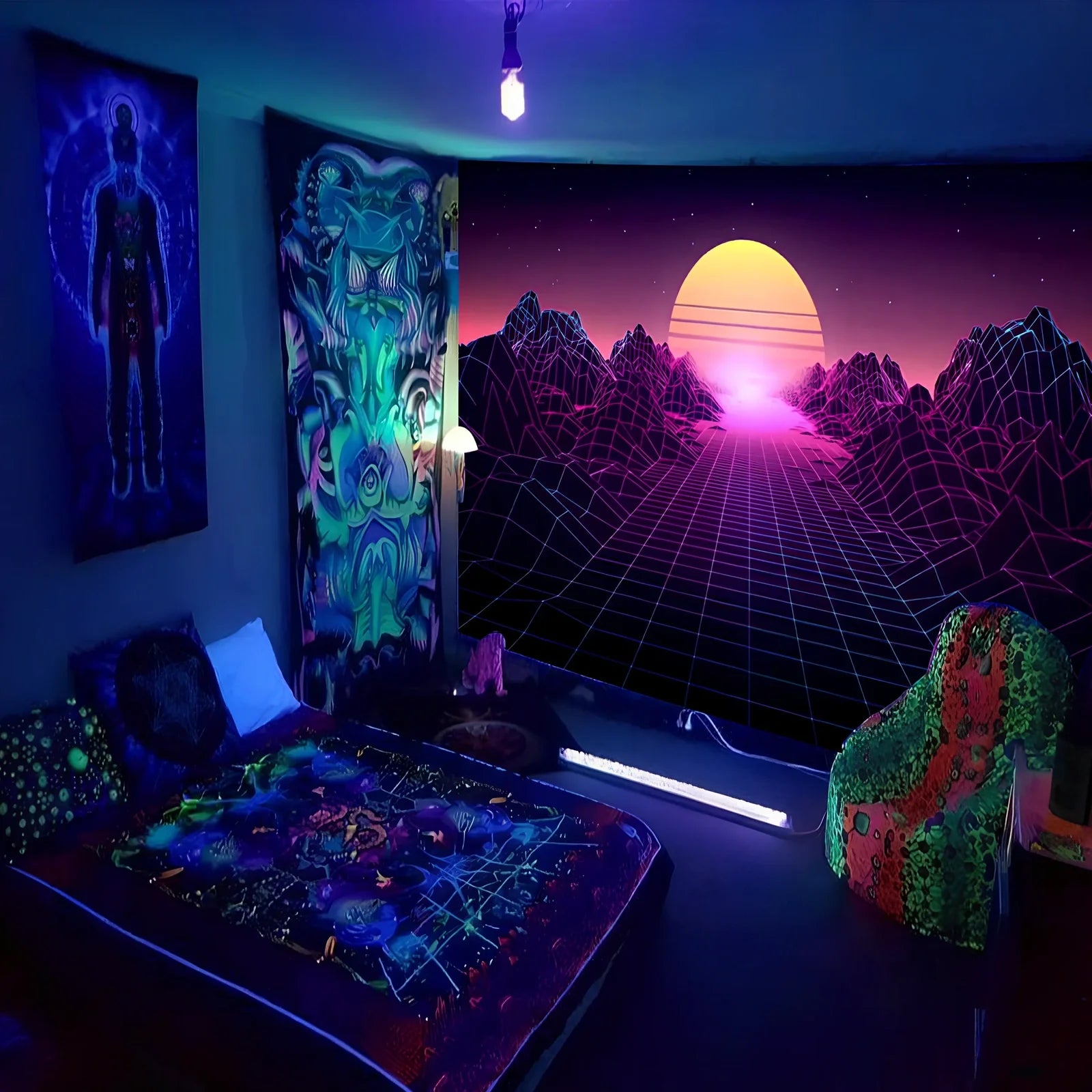 Fluorescent tapestry wall hanging with glow properties in multiple sizes from 150x100cm to 230x180cm