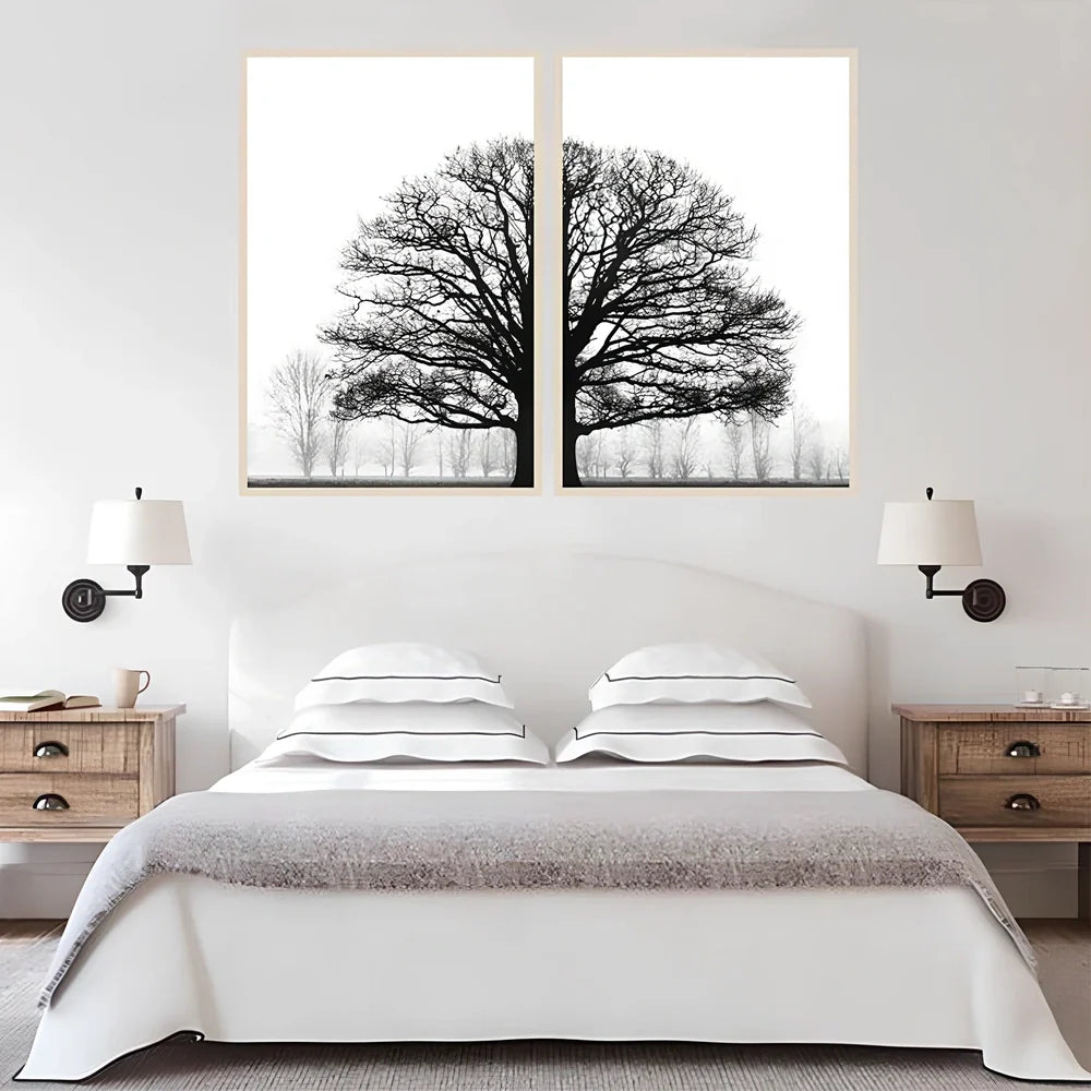 Frameless black and white winter trees canvas painting on wall, sizes 10x15cm to 70x100cm for bedroom decor