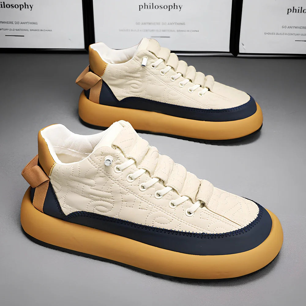 Men's elastic band casual shoes with thick sole in black and orange colour combination