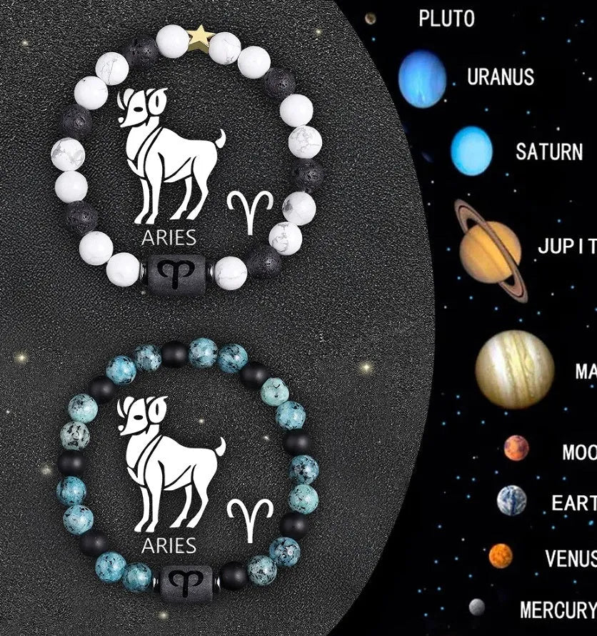 Twelve Zodiac Sign beaded bracelet set with natural stone beads and stainless steel clasp on wrist