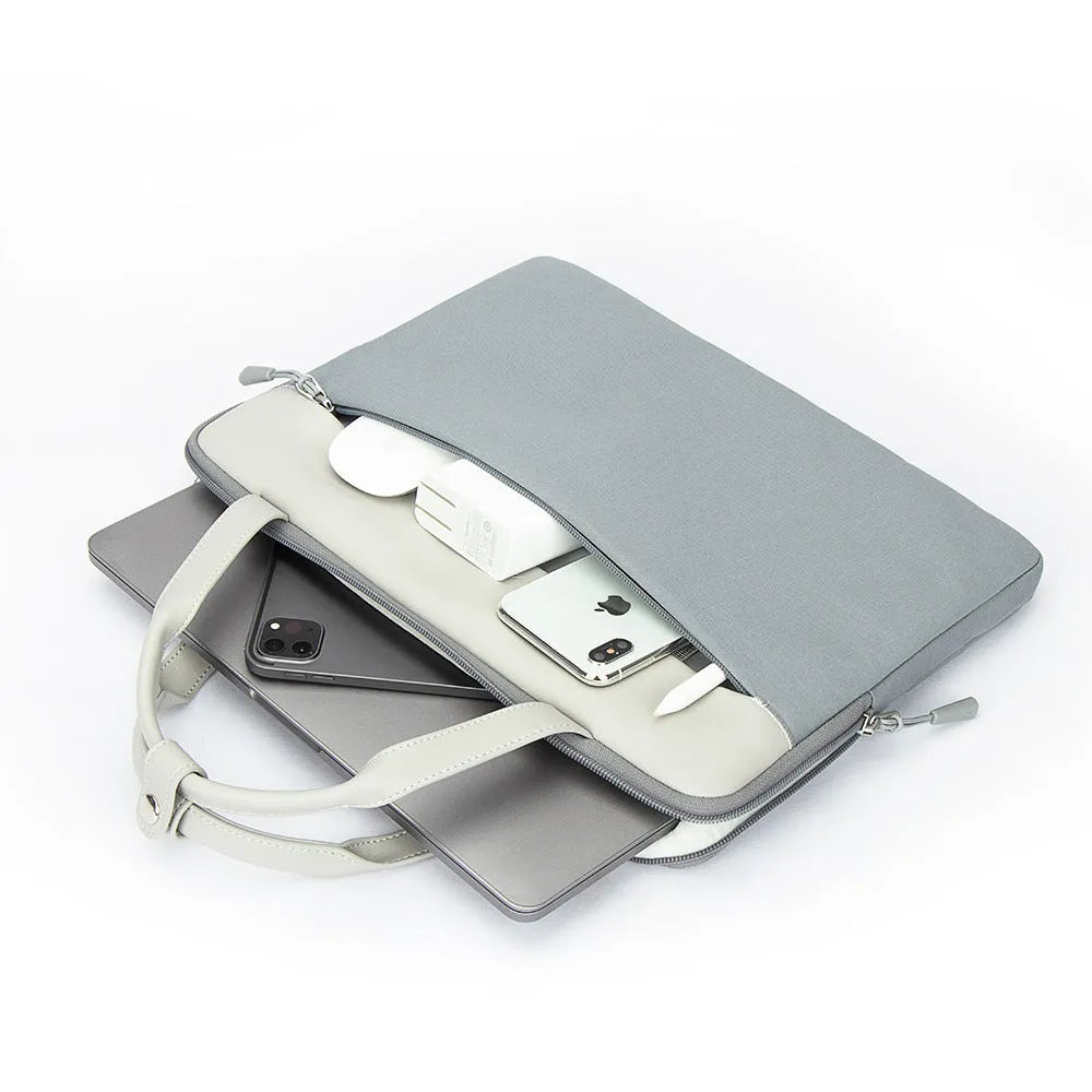 14.2 inch polyester laptop sleeve with soft handle, zipper pocket, in light grey, green, or orange