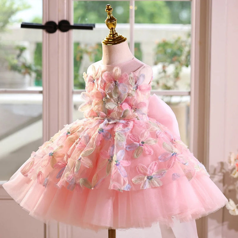 Children's flower girl wedding dress in polyester with sizes from 100cm to 160cm, featuring a pink colour and multiple length options for young girls attending formal ceremonies.