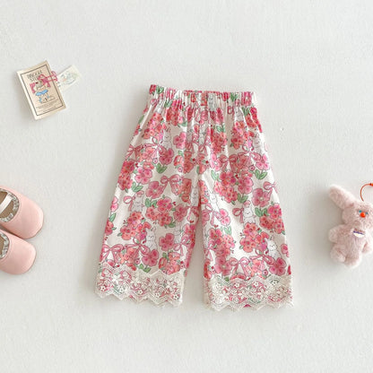 Girls' cotton short-sleeve shirt with lace collar and lace straight-leg trousers set in almond, sizes 73-120cm