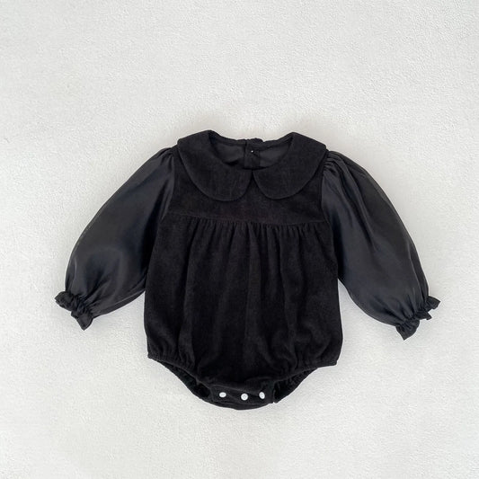 Corduroy doll collar long sleeve baby romper in black or apricot with single-breasted closure
