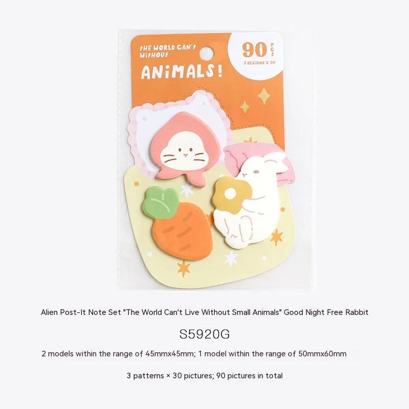 Small animal shaped sticky note set with 90 pages, showing six colourful cover options including bunnies, kittens, and otters