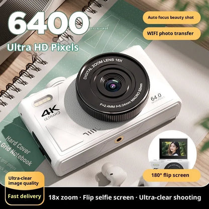 Compact CCD digital camera with Full HD screen and WiFi transmission, 11.5cm x 4.6cm x 6.95cm, in black, pink or white.