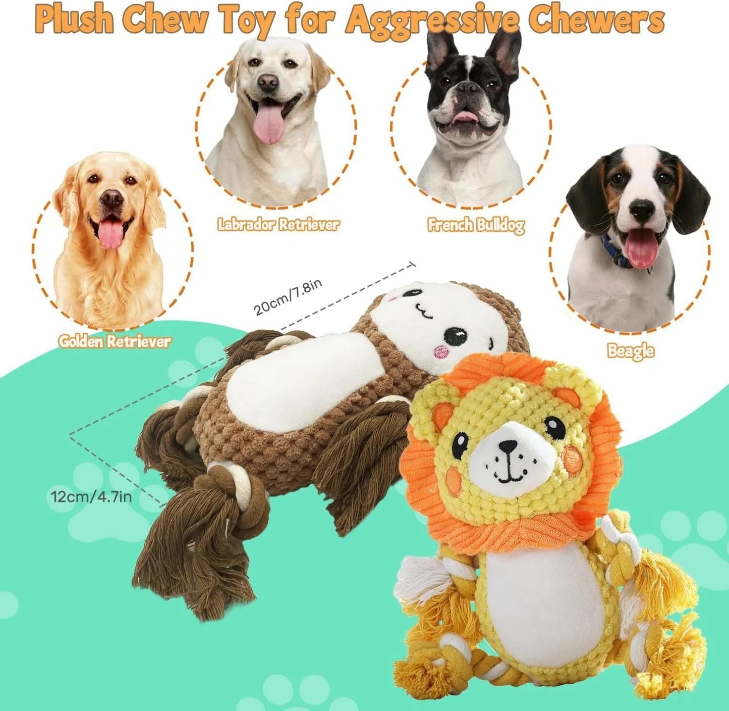 Plush squeaky dog toys bundle with lion and monkey designs, stuffing-free for medium large dogs
