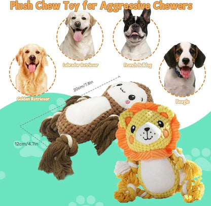 Plush squeaky dog toys bundle with lion and monkey designs, stuffing-free for medium large dogs