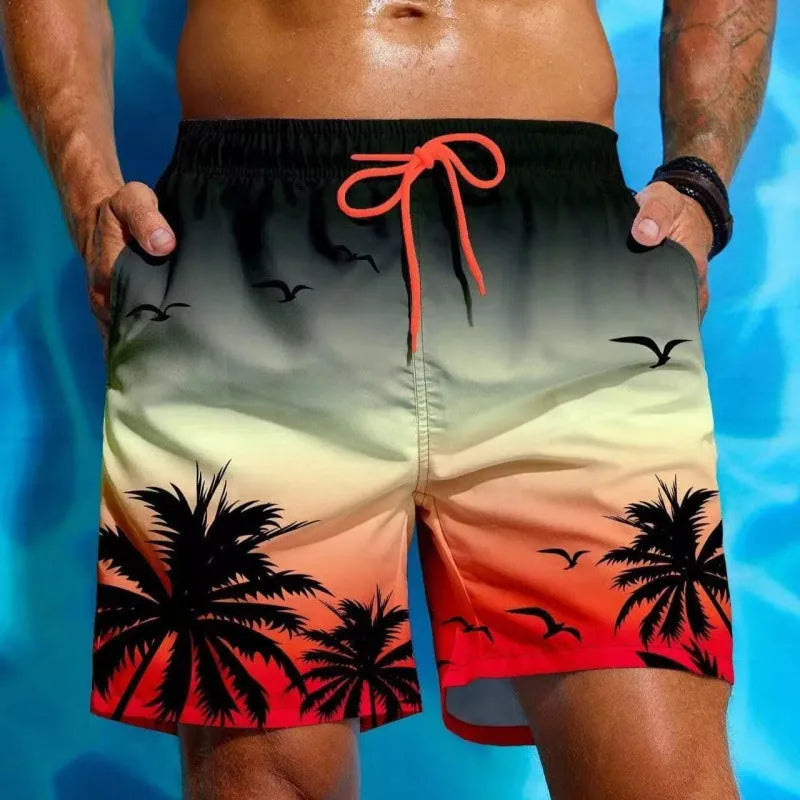 Men's loose fit swimming trunks in ethnic pattern with medium elastic waistband
