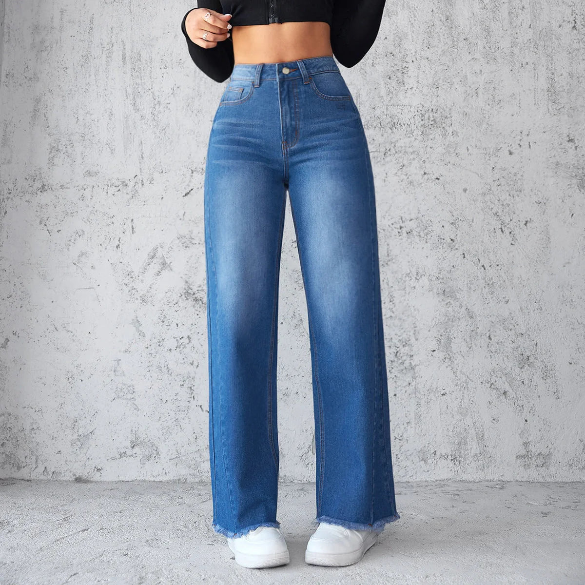 Women's high-waist wide-leg denim jeans in classic blue