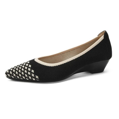 Women's leopard brown flyknit mesh pointed toe wedge pumps with a low rubber sole.