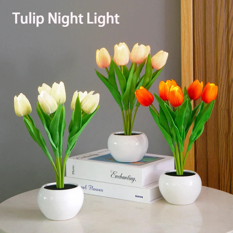 LED Tulip Flower Night Light in ceramic pot with vibrant colors for home decoration