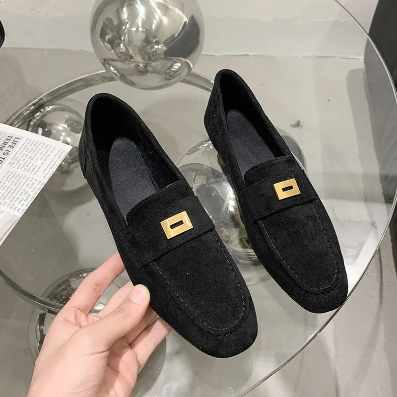 Women's square toe flat loafers in black, khaki, and brown artificial PU, sizes 35 to 40.