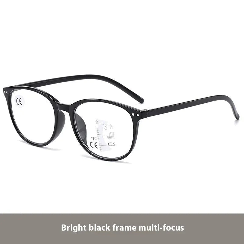 Women's multi-focus presbyopic glasses with adjustable nose pads and spring hinges in black and blue frame